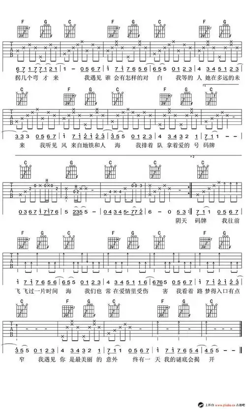 遇见吉他谱男生版_孙燕姿《遇见》c调弹唱谱
