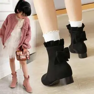 女童靴子公主短靴2021春秋新款蝴蝶结小女孩高跟单靴儿童加绒棉靴