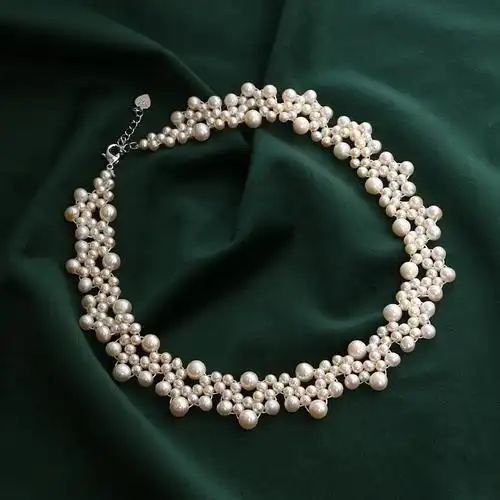 创意新款 时尚淡水珍珠纯手工编织颈链 蕾丝边新娘珍珠项链可定制