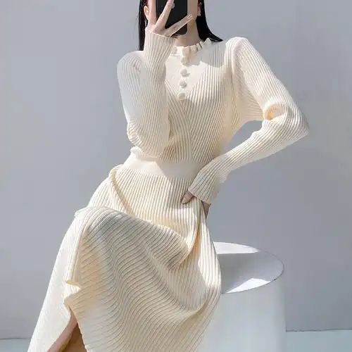 木耳半高领过膝毛衣裙女黑色淑女打底内搭打底裙配大衣针织连衣裙