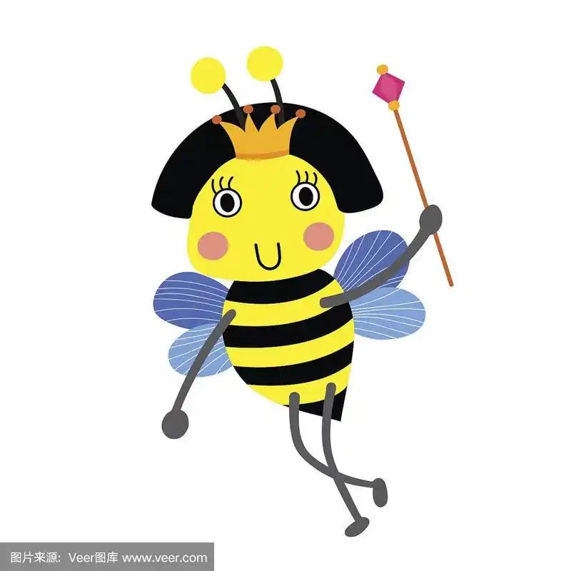 快乐的蜂王手持权杖动物卡通人物矢量插图.