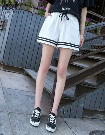 姿优夏季a字热裤百搭高腰阔腿裤学生跑步休闲宽松大码运动短裤女 白色