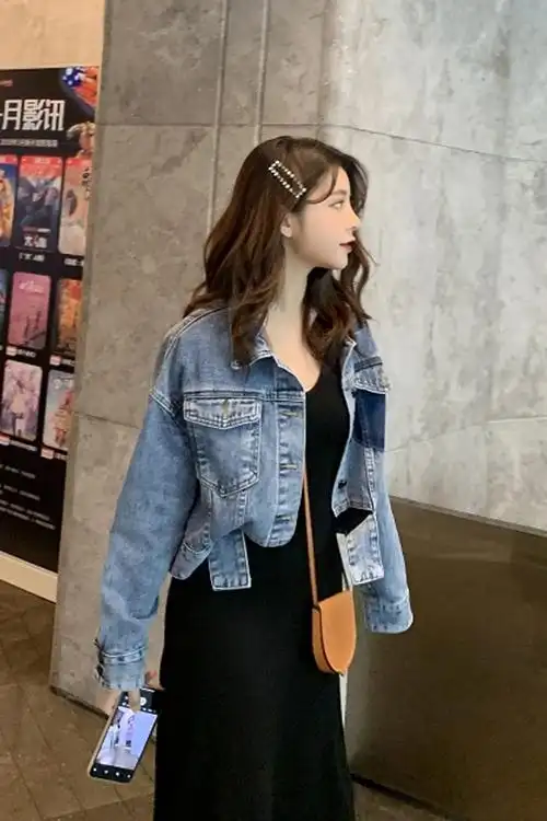 2019春季新款韩版时尚复古学院风宽松撞色口袋牛仔外套女短款上衣潮