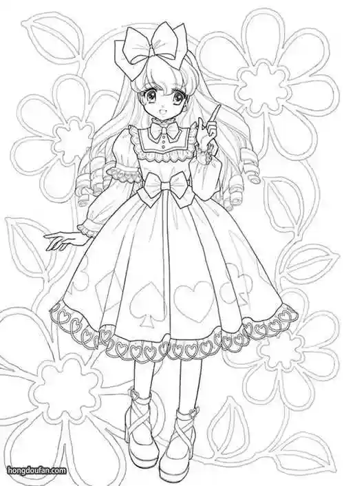 头戴蝴蝶结的卷头发大眼睛公主涂色简笔画大全 | 红豆饭小学生简笔画