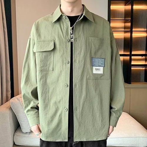 工装衬衫男长袖春秋季美式复古绿色衬衣潮牌休闲男款秋装寸衫外套