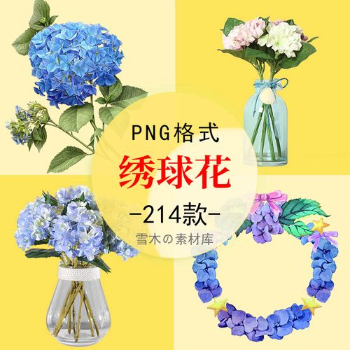 卡通手绘唯美绣球花花卉花朵花瓶插花花束花环png透明背景免扣图