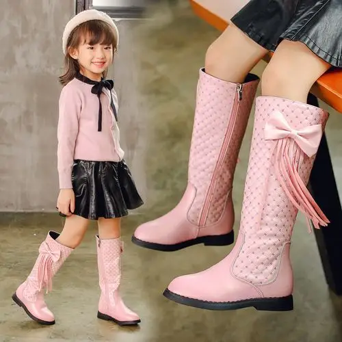 女童长靴_真皮女童靴子高筒鞋2018新款秋冬季加绒公主过膝长筒靴儿童