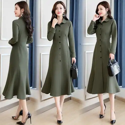 女士秋装新品女装时尚复古气质娃娃领风衣式收腰显瘦鱼尾摆连衣裙