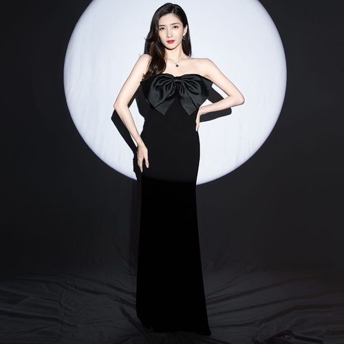 黑色晚礼服女2022新款气质抹胸鱼尾连衣裙江疏影明星同款宴会礼服