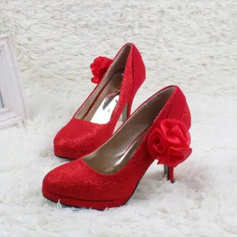 新娘鞋 花朵婚鞋 红色鞋 结婚鞋子 气质旗袍大红色婚鞋高跟鞋女鞋