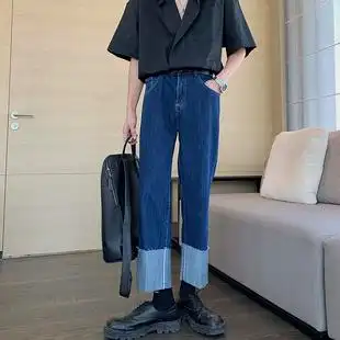 hualun春秋潮牌深蓝色坠感九分牛仔裤男宽松直筒chic高街裤子ins