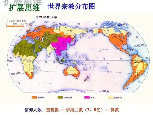 世界宗教分布图 信仰人数:基督教-----伊斯兰教(7,8亿)----佛教
