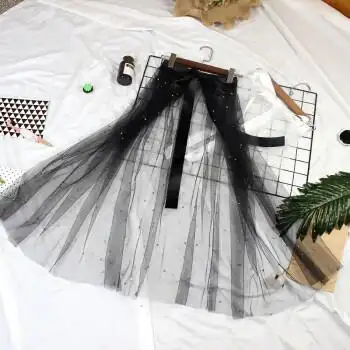 透明网纱半身裙单层性感春夏女钉珠系带裹身外穿白色均码