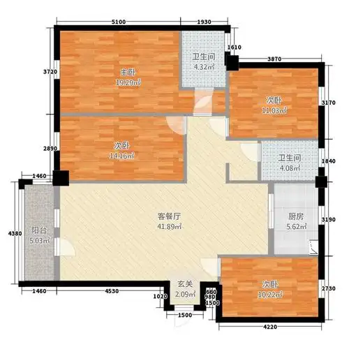 怡江苑4室2厅2卫1厨145.00㎡户型图