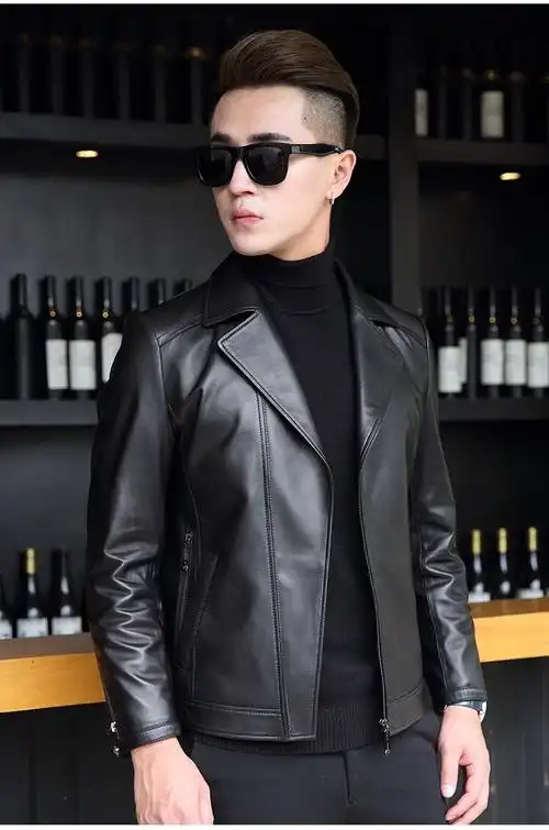 男21年新款真皮皮衣男绵羊皮修身短款机车皮夹克男西装领外套潮 黑色