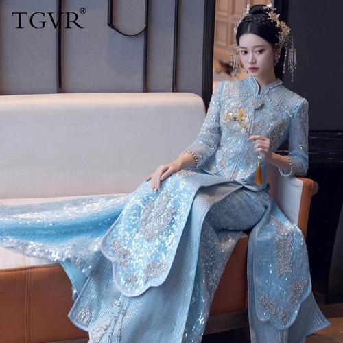 冰蓝色秀禾服2024夏季年新款新娘中式婚纱礼服重工高端出阁服显白