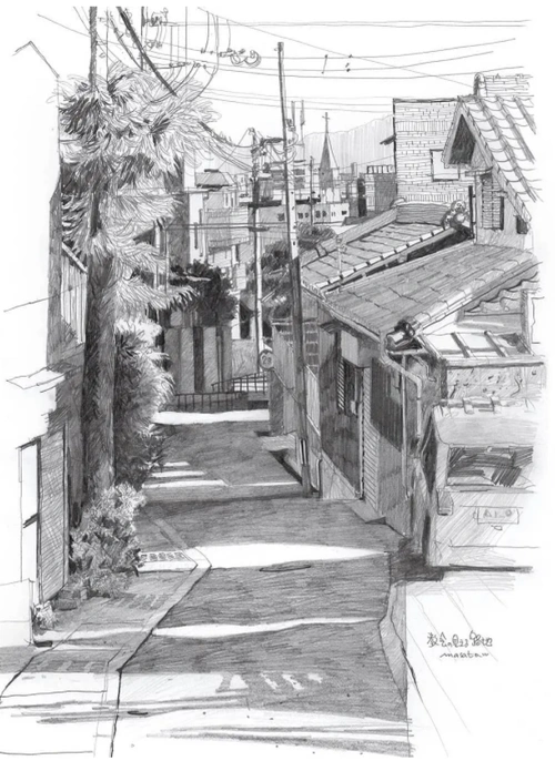 日本画家masatowatanabe铅笔街景速写作品