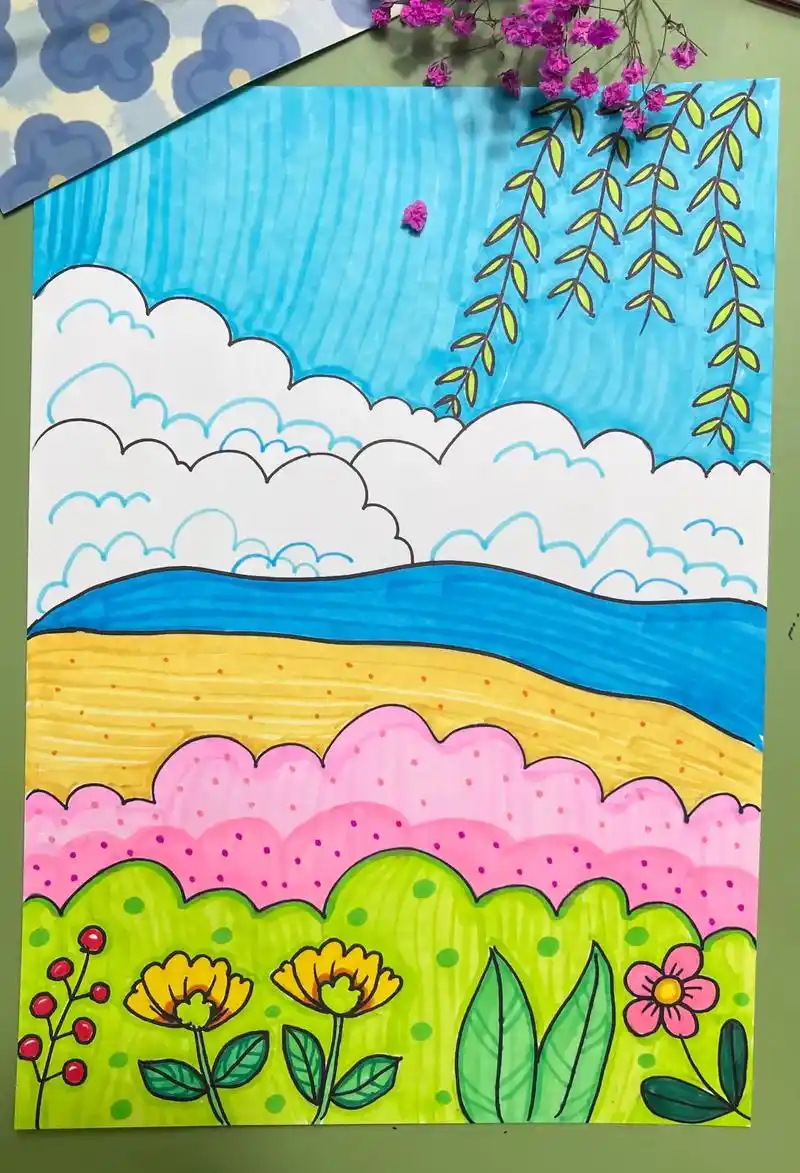 这样的春景图你喜欢吗?#一起学画画 #跟我一起学画画 #每日 - 抖音