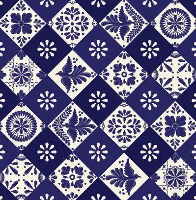 简约深蓝色花卉瓷砖花纹矢量素材