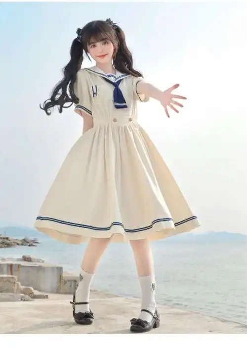 jk连衣裙水手服学院风去海边轻复古条纹盛夏服女中长裙jk裙修身显瘦