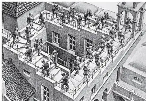 他面对的楼梯处在无限死循环当中