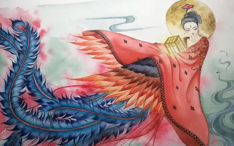 古风水彩女凰红凤凰蓝凤凰红蓝凤凰