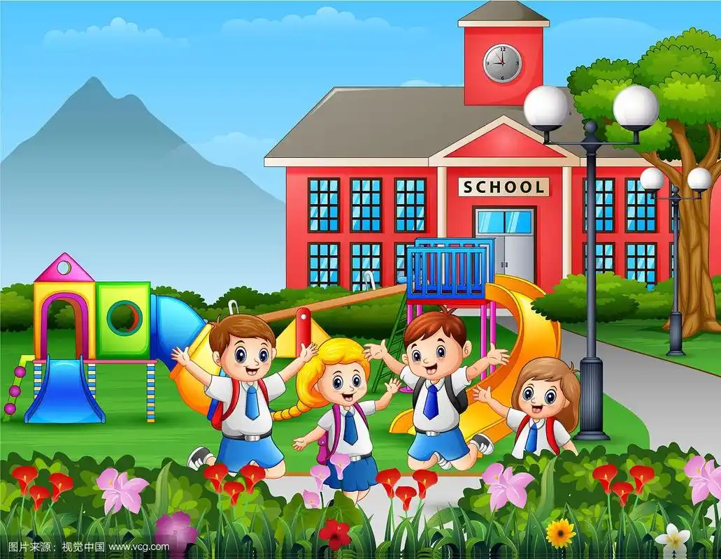 卡通儿童穿着校服在校园里