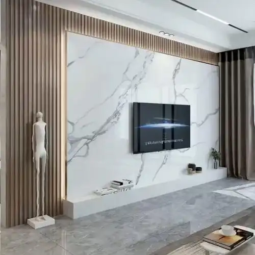 新款客厅岩板悬空电视背景墙装饰婚房影视墙实木格栅配实木柜