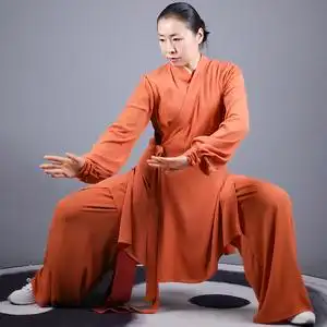 马蕾太极夏季新款女式太极拳服橙色练功表演服汉服中长款飘逸下垂