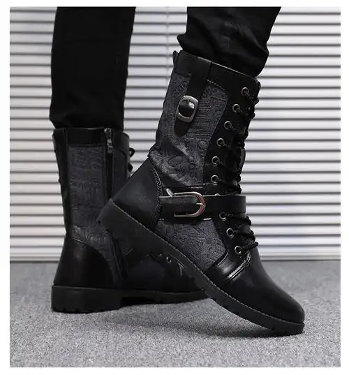 黑色马丁靴男高帮英伦风机车中筒长靴男秋冬季加绒长筒皮靴潮靴a502