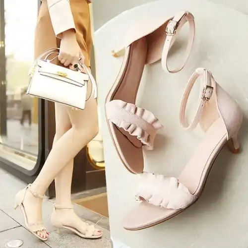 格瑞迪欧一字扣带凉鞋女4cm细跟中跟仙女高跟鞋韩版百搭女鞋2018夏季