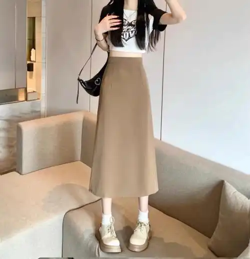 春秋季后开叉西装半身裙女小个子高腰显瘦a字裙中长款气质一步裙 - 17