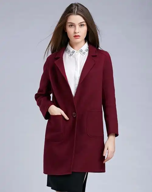女款枣红色西装领双面呢大衣