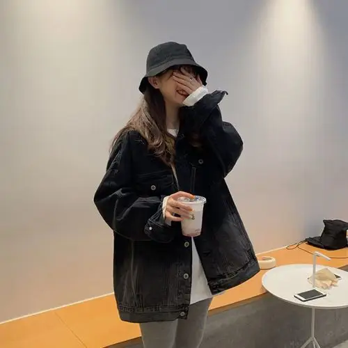 一折宽松bf风牛仔外套_宽松bf中长款黑色牛仔外套女春秋2020新款韩版