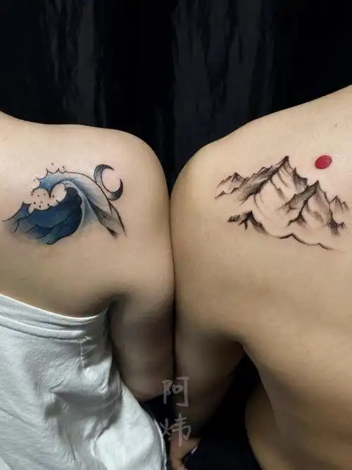 情侣图案61日月山水_纹身图案手稿图片_阿炜的纹身作品集