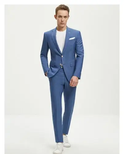 灰蓝纯色平驳头全羊毛精品西装二件套