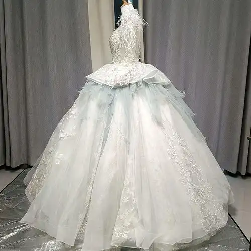 蓝色婚纱2023新款新娘重工奢华大拖尾高级宫廷风高定主纱2024法式