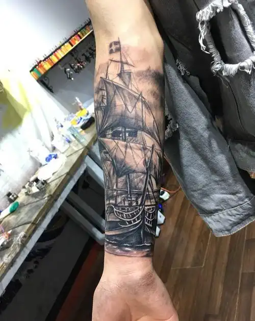 帆船纹身图片_手稿成品手臂欧美写实纹身图案