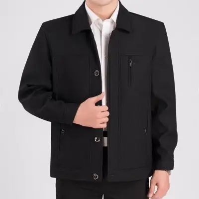 中老年男装春秋款系扣外套单排扣子休闲上衣爸爸装大码宽松夹克衫