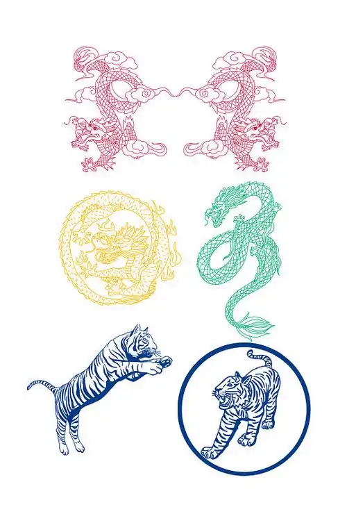 中式线条龙老虎剪纸元素