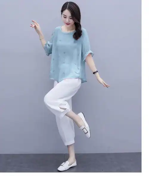 fgacctゞゞ轻奢高端夏典素订棉麻女装套装女夏装新款大码宽松显瘦文艺