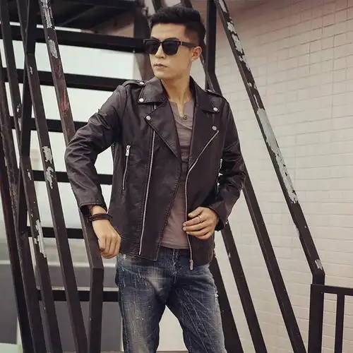 【天天特价】男式机车皮夹克秋季青年男士翻领潮流水洗皮衣外套男