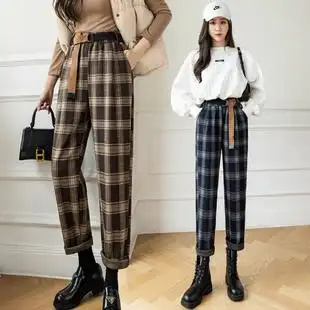 格子毛呢休闲裤女2021秋冬新款宽松小个子配马丁靴的裤子哈伦靴裤