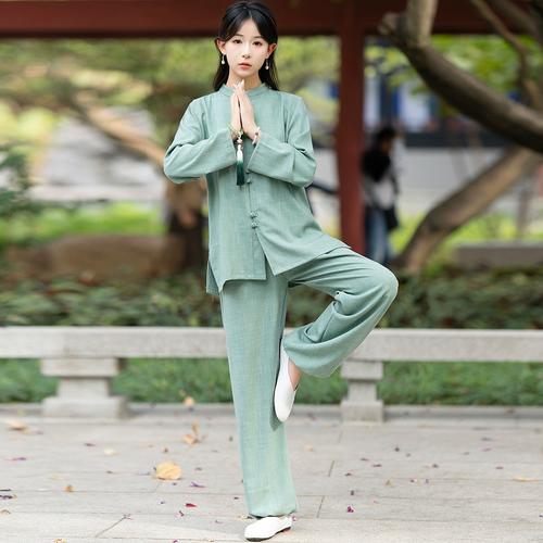 2024新款亚麻太极服女练功服八道线武术表演服中国风晨练打拳道服