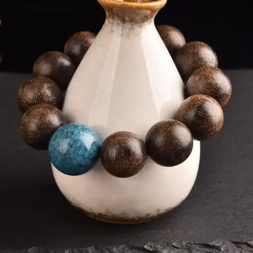 越南老料沉香20mm文玩佛珠手串搭绿松石顶珠手串