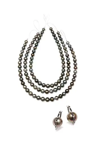 8514 大溪地黑珍珠配18k白金耳环,大溪地黑珍珠项链 (三条一组)