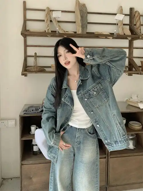实拍~复古色牛仔外套女韩版宽松秋新韩系时髦上衣百搭牛仔衣 - 17网