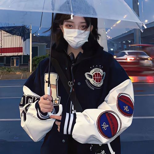 衣服vintage美式刺绣潮ins秋冬季学生宽松外 藏蓝色主图款高质量含