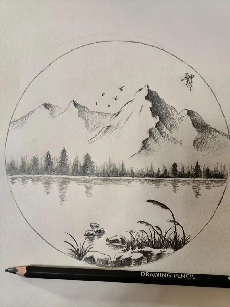 山水风景素描手绘.##风景画 #手绘原创 #画渣日常 #绘画 - 抖音