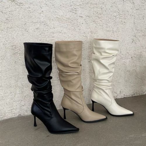 辣妹堆堆靴超宽筒长靴女2023新款显瘦尖头高跟软皮靴过膝长筒靴子